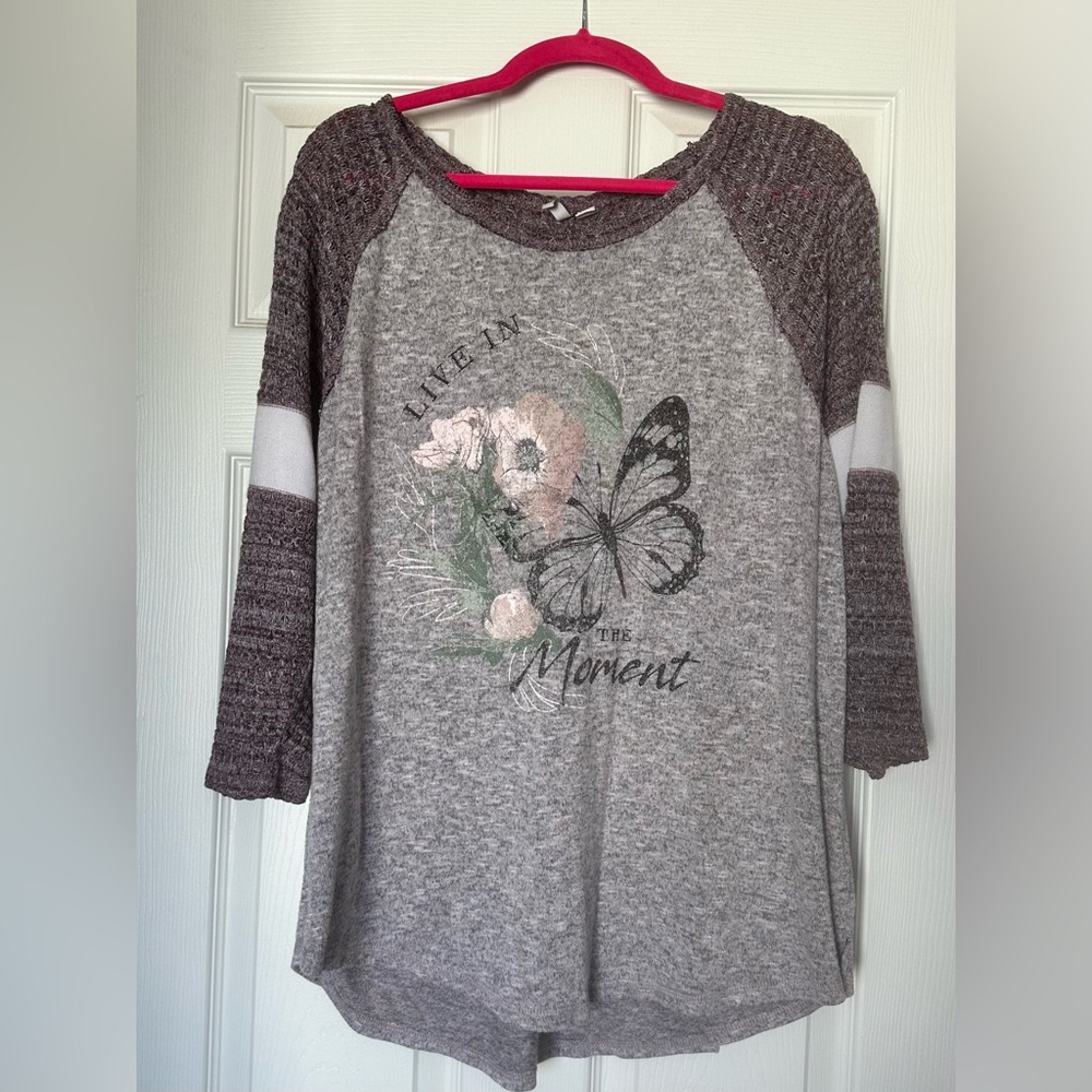 Gray and Purple Graphic Long Sleeve Top